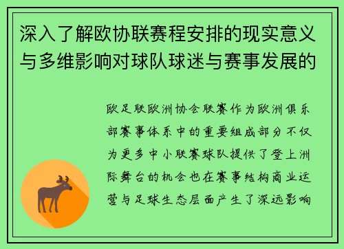 深入了解欧协联赛程安排的现实意义与多维影响对球队球迷与赛事发展的分析