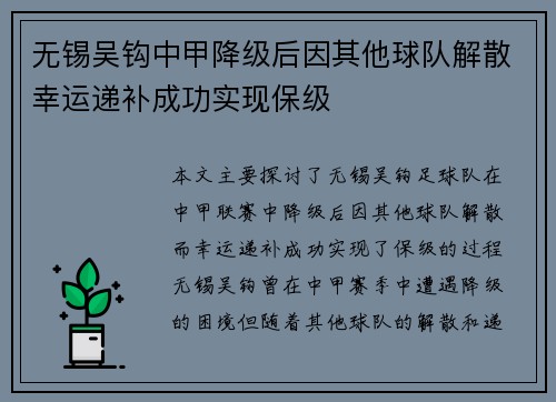 无锡吴钩中甲降级后因其他球队解散幸运递补成功实现保级